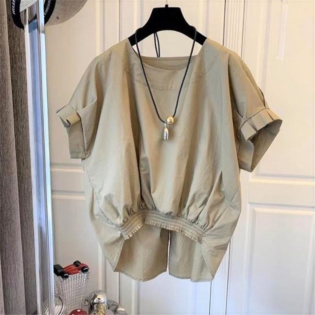 Inchioh-Short-Sleeve Plain Asymmetrical Blouse
