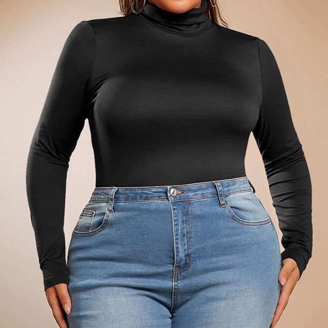 PlusPretty-Plus Size Long-Sleeve Turtleneck Plain Slim Fit Tee