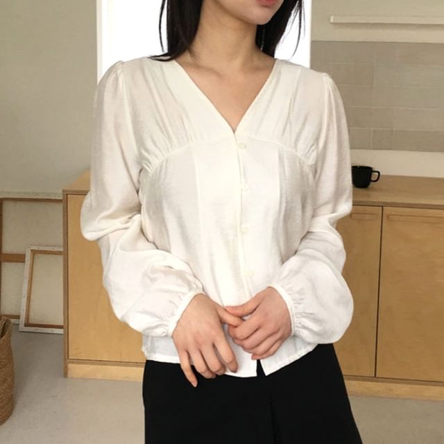 ISSOL-Long-Sleeve V-Neck Plain Sashed Blouse