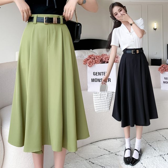 Sienne-High Waist Plain Midi A-Line Skirt