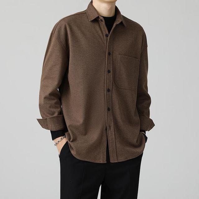 Naideth-Long Sleeve Collared Plain Shirt