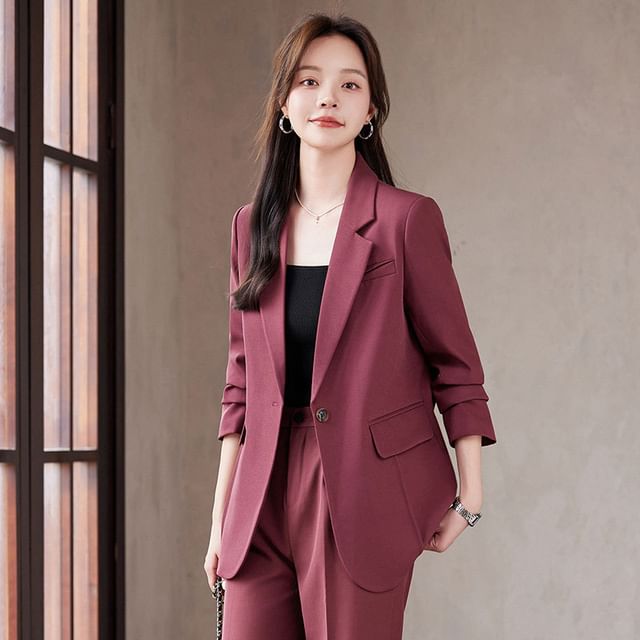 Skyheart-Lapel Collar Plain Single Breasted Blazer Mid Rise Plain Flared Dress Pants Set