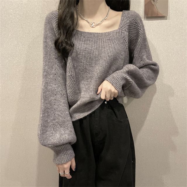 Moon City - Puff-Sleeve Square-Neck Sweater | YesStyle