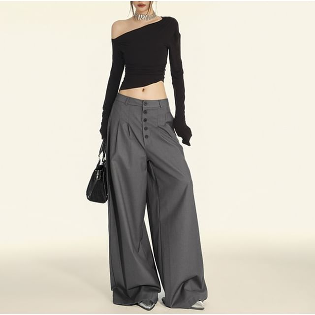 Denimot-Low Rise Plain Wide Leg Suit Pants