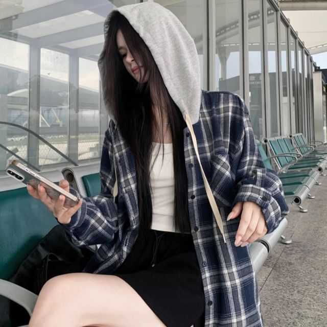 Yako-Hooded Plaid Zip-Up Jacket