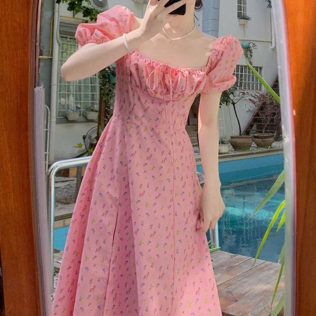 strapless open back dress Berylove Women Pink Flower Pleated A Line Wedding Party Guest Dress with  Slit Floral Print Maxi Dress main image 1