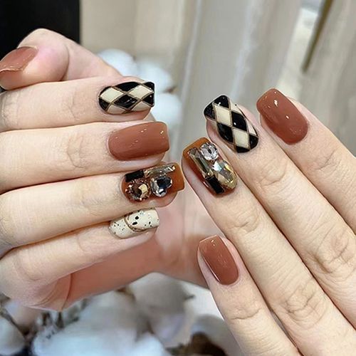 24Pcs French Press on nails Gold Foil Leaves Pattern False nail tips  Wearable Full Cover Almond Artificial Acrylic Nails Tips - AliExpress