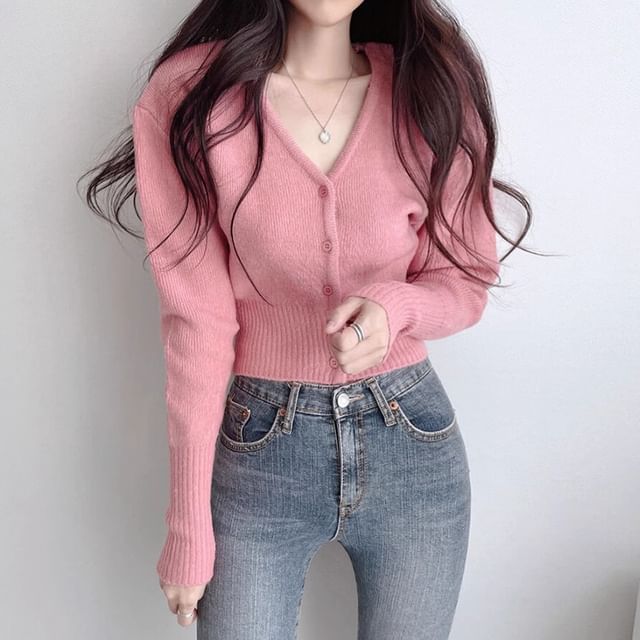 Coris-V-Neck Button-Up Plain Crop Cardigan