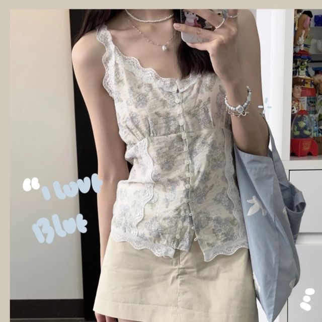 Moon City - Lace Trim Floral Print Button-Up Cami Top | YesStyle
