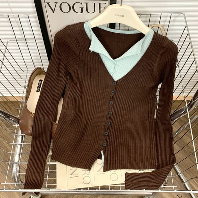 Beaustreet-Two Tone Mock Two-Piece Ribbed Cardigan