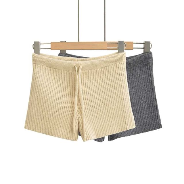 Ulark-Drawstring Waist Plain Ribbed Knit Shorts