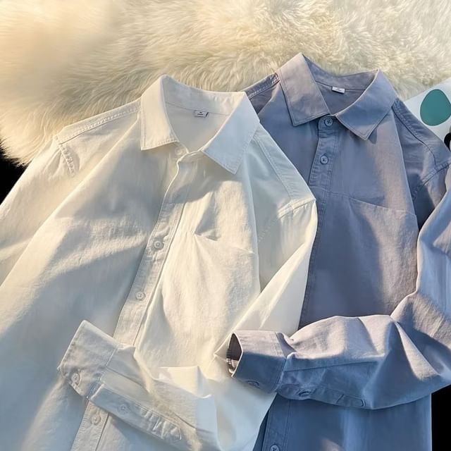 Sinlarity-Long-Sleeve Plain Shirt