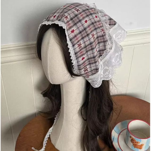 HATHOT-Plaid Lace Trim Headkerchief