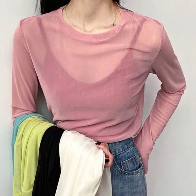 Essere-Long-Sleeve Round Neck Plain Mesh T-Shirt