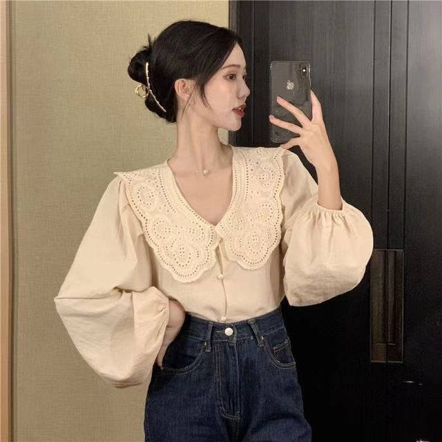 Everose-Puff-Sleeve V-Neck Collared Plain Blouse