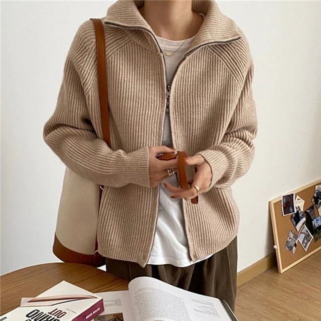 INEN-Stand Collar Ribbed Zip Cardigan