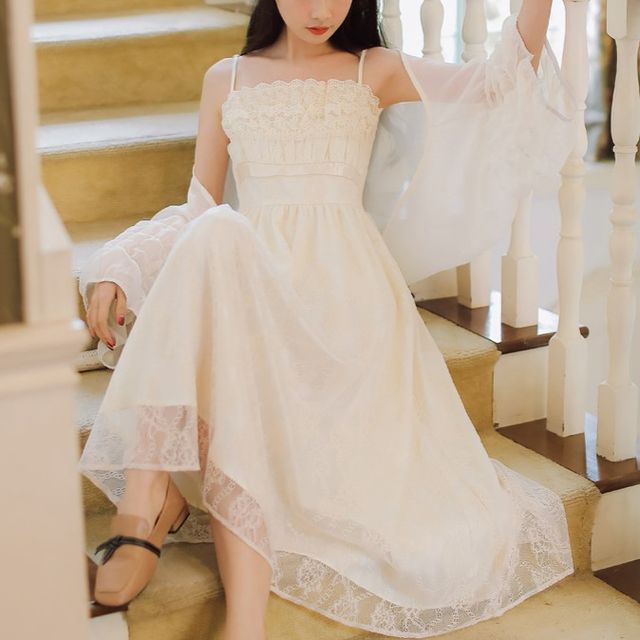 knee length dresses for ladies Inès White Square-Neck Lace-Panel Midi Dress – trinarosh
