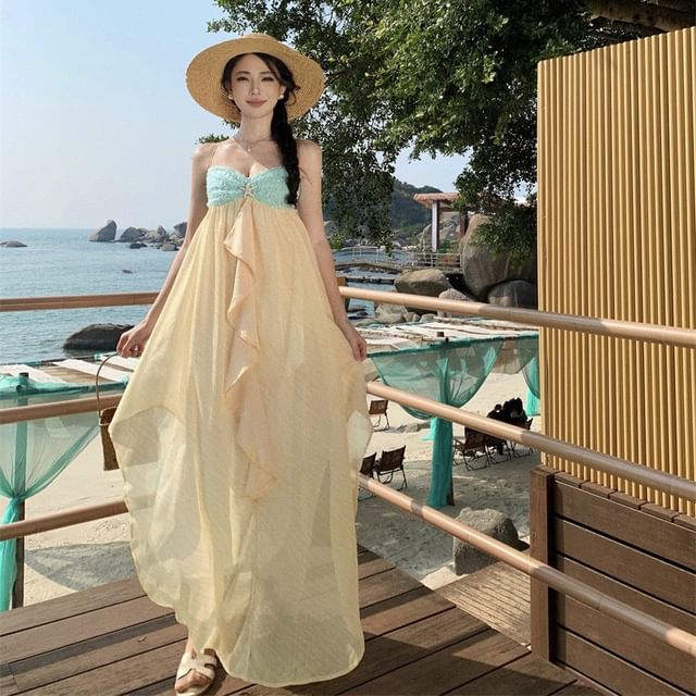 Fioridi-Spaghetti Strap Two Tone Open Back Ruffle Maxi Sundress