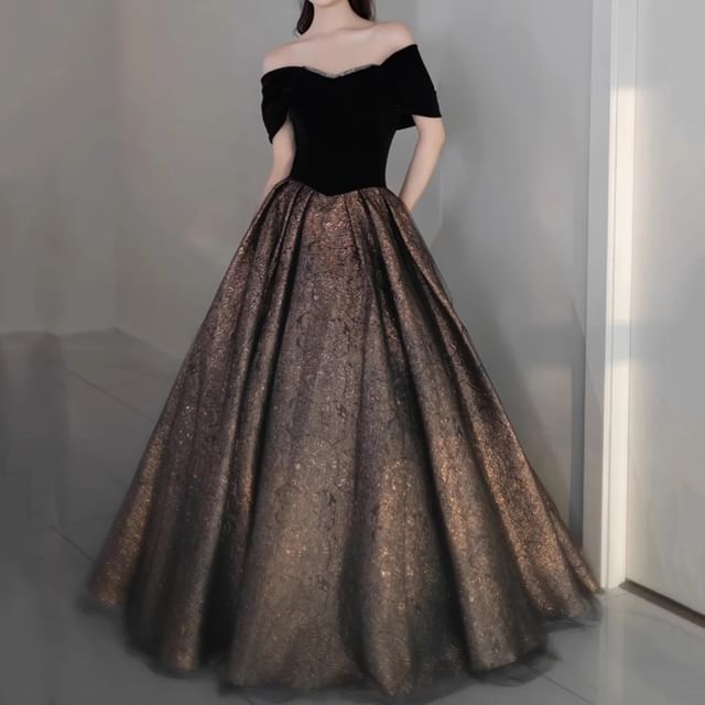 Fioridi-Off Shoulder Two Tone Sequin A-Line Evening Gown