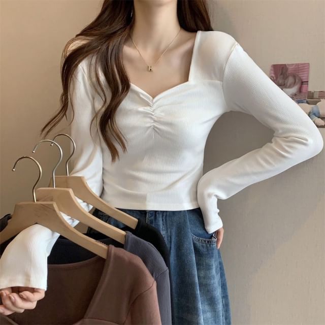 Sisyphi-Long-Sleeve Square Neck Plain Ruched Tee