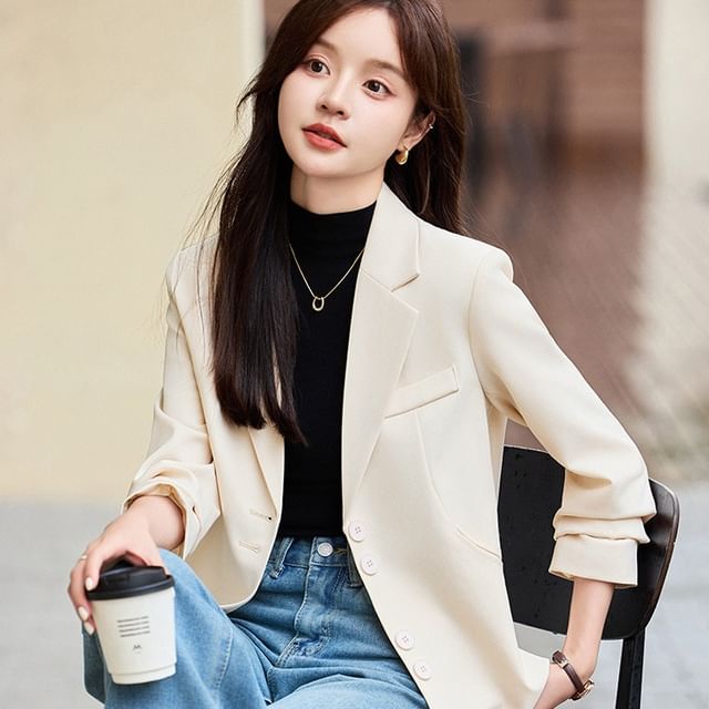 Skyheart-Lapel Collar Plain Single-Breasted Blazer