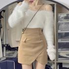 Attiga - Long-Sleeve Cold Shoulder Knit Top / Irregular Mini Pencil Skirt / Set