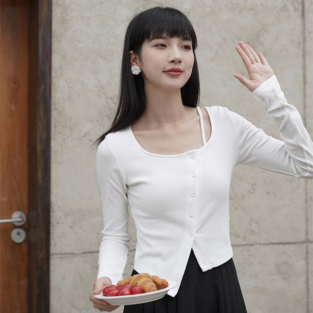Everose-Long-Sleeve Irregular Button-Up Top