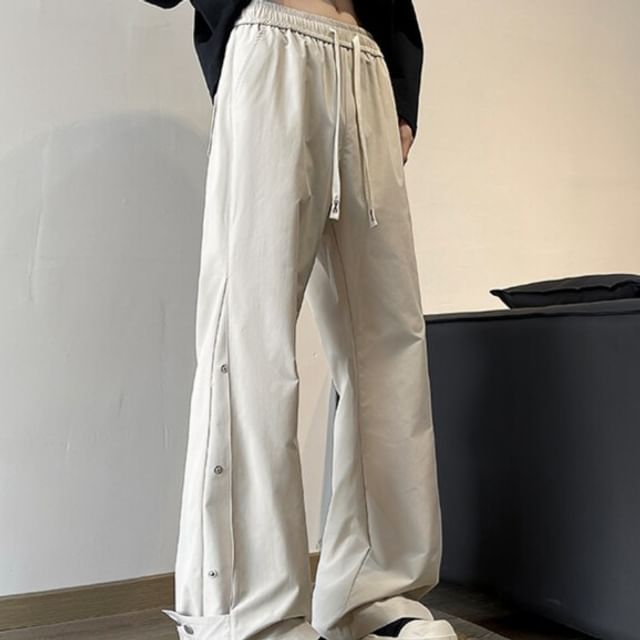 Obikan-Drawstring Waist Plain Wide Leg Sweatpants