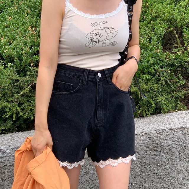 Auboi High Waist Lace Trim Denim Shorts YesStyle