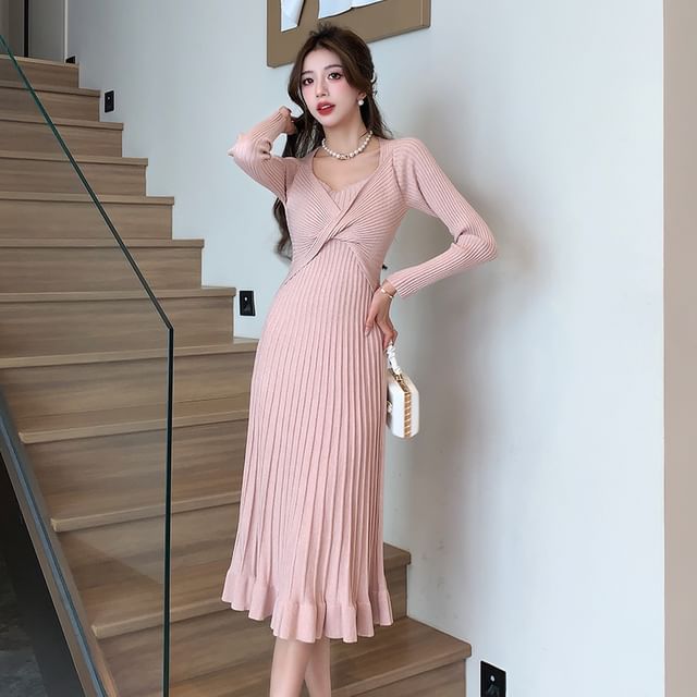 Arabesquito - Long Sleeve Round Neck Plain Pleated Ruffle Hem Midi Sheath Knit  Dress | YesStyle