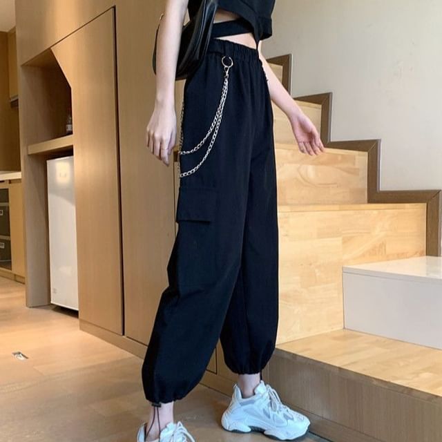 Sisyphi-High Rise Plain Drawstring Cargo Baggy Pants Pants Chain Set