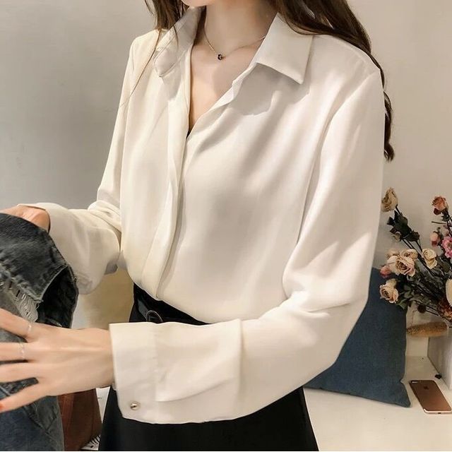 Shinsei-Long-Sleeve Plain Button-Up Blouse