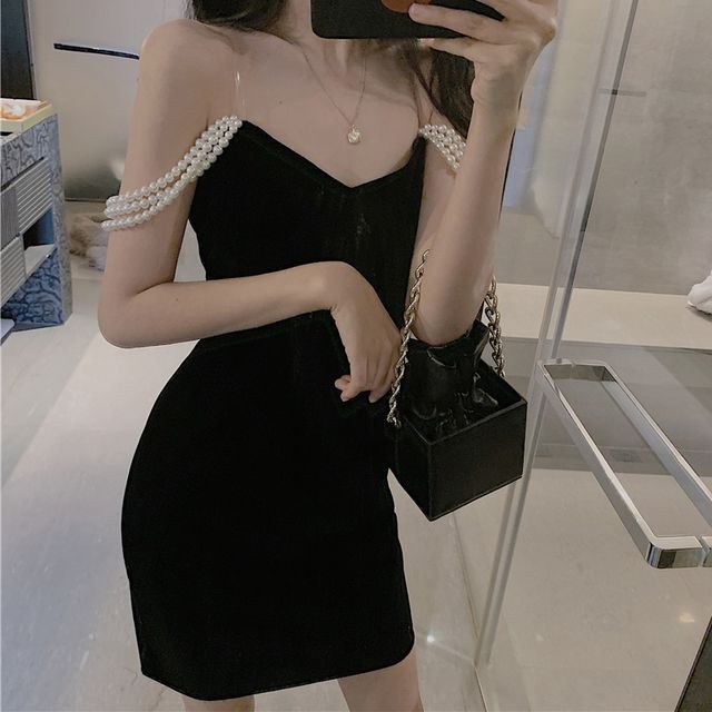 Gilmort - Faux Pearl Strap Mini Sheath Velvet Dress | YesStyle Gilmort - Faux Pearl Strap Mini Sheath Velvet Dress | YesStyle
