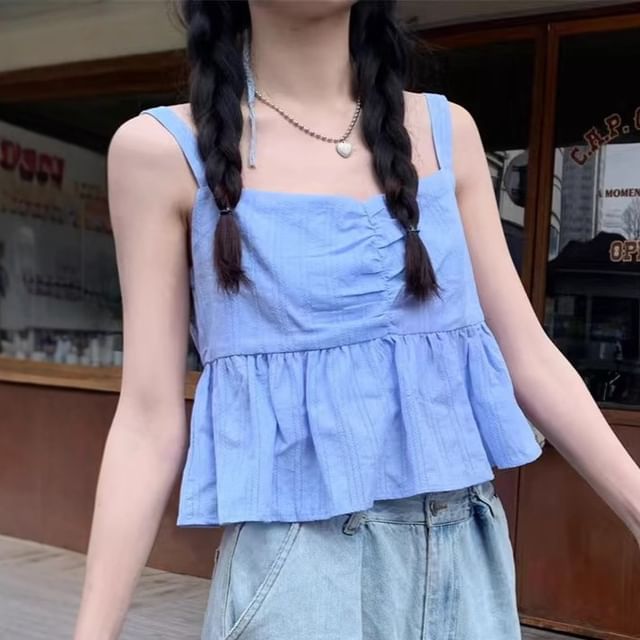 monroll-Striped Ruched Peplum Camisole Top