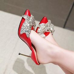 Martha - Embellished Bow-accent Pointed High-heel Pumps