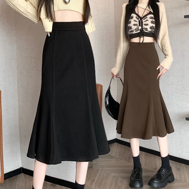 Dragan Pulse-High Waist Plain Midi Fishtail Skirt