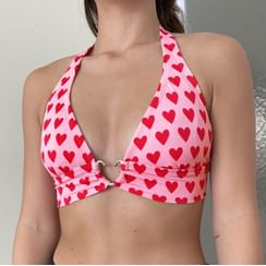 BrickBlack - Heart Print Ribbon-Back Bikini Top