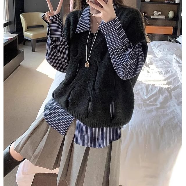 Trendycas-Collared Striped Button Shirt Mid Rise Plain Pleated Midi A-Line Skirt