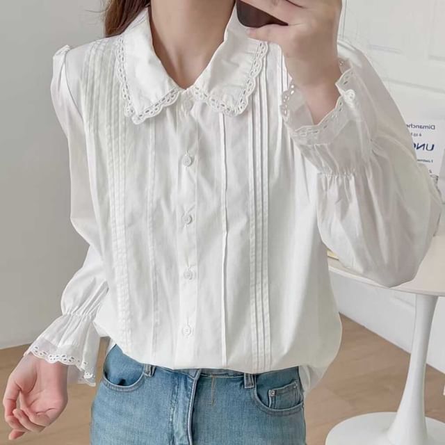 PANDAGO-Collared Plain Pleated Shirt