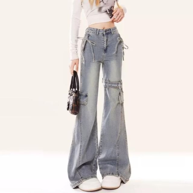 monroll-Mid Waist Buckled Flared Cargo Jeans