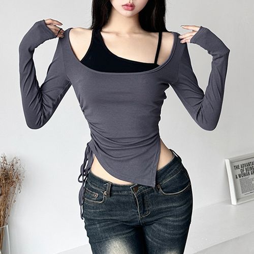 Trisica - Set: Long-Sleeve Scoop Neck Plain Ribbed T-Shirt + Tank Top