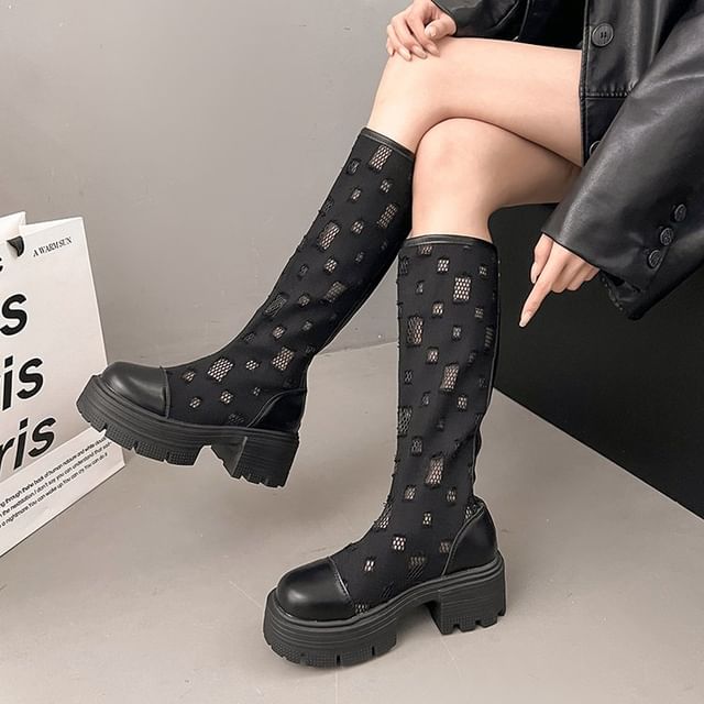 maryanette-Platform Chunky Heel Fishnet Panel Tall Boots