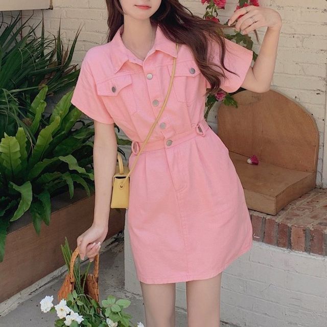 Staan Short-Sleeve Collared Plain Half-Button Mini A-Line Denim - Main Image