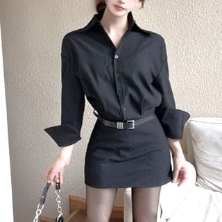 Shinsei-Long Sleeve Collared Plain Belted Mini Shirt Dress