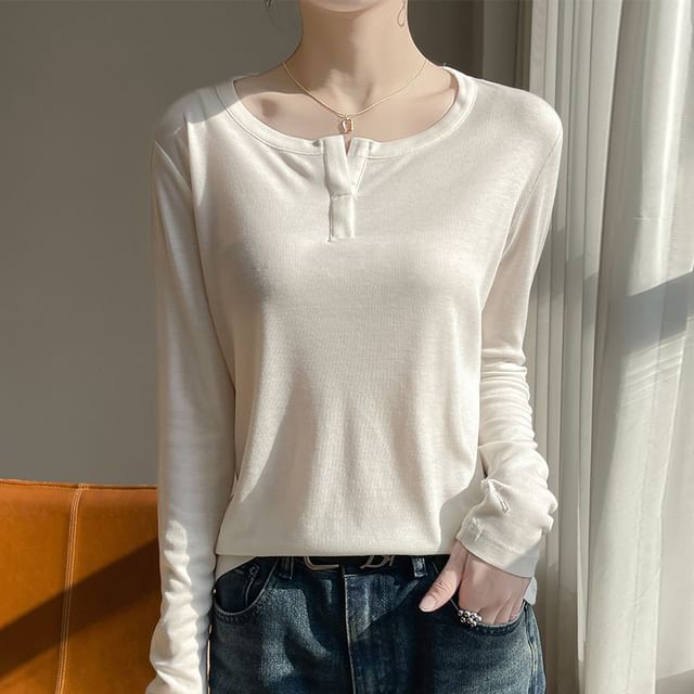 Weelop-Long Sleeve Plain Henley T-Shirt