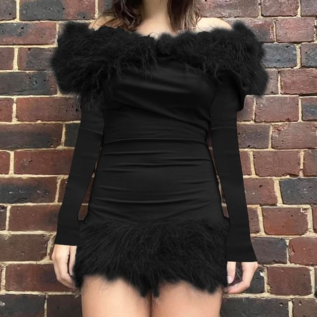 blue dress for baby girl Cherri Fur Trim Mini Dress Electric Black– Selfie Leslie main image 0