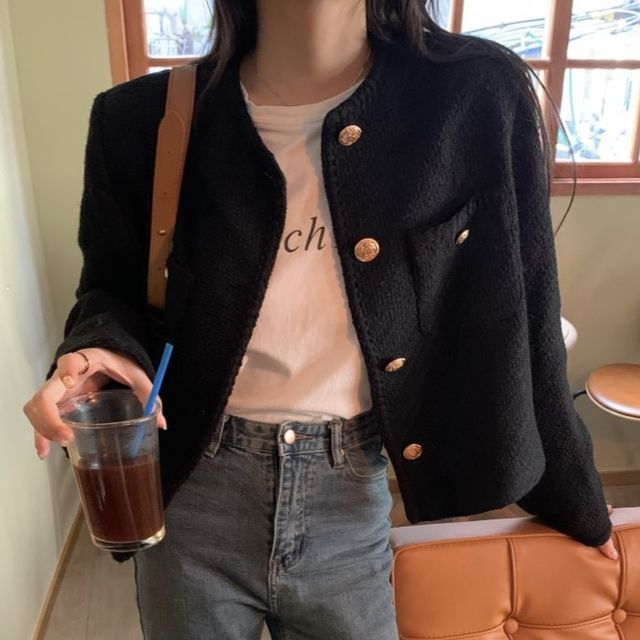 Yako-Long-Sleeve Dual-Pocket Cropped Jacket