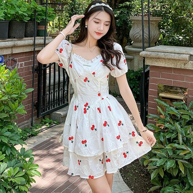 MAVIS - Short-Sleeve Cherry Embroidered Mini A-Line Dress | YesStyle