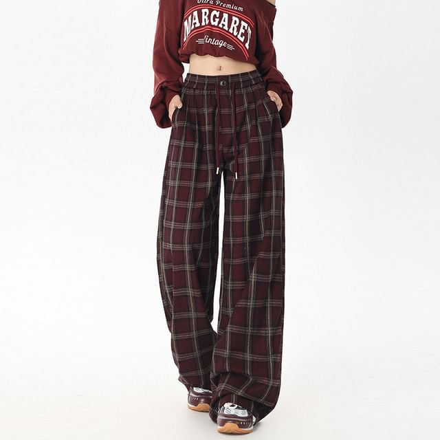 Denimot-Drawstring Waist Plaid Baggy Pants Various Designs