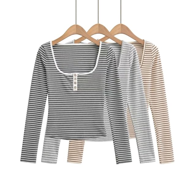Asiris-Long Sleeve Scoop Neck Striped Button Top
